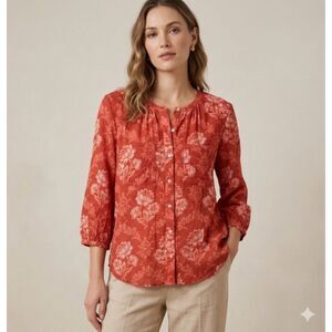 Akemi + Kin Anthropologie Coconino Lotus Floral Button Front Coral Blouse M